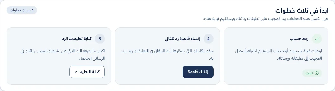 بطاقة «ابدأ في ثلاث خطوات» في لوحة المجيب: ربط حساب، ثم إنشاء قاعدة رد تلقائي، ثم كتابة تعليمات الرد